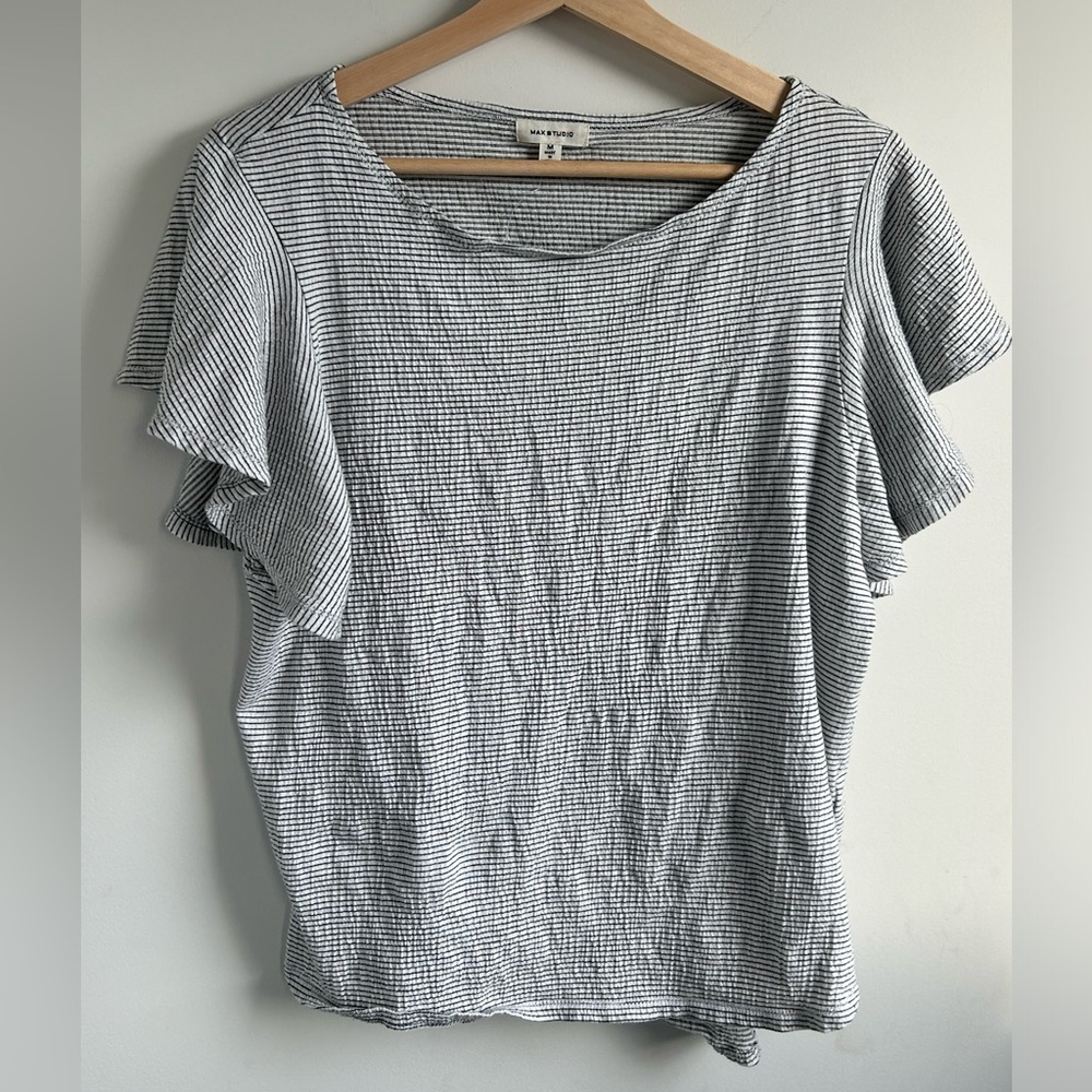 Max Studio Black & White Striped Flutter Sleeve Tee